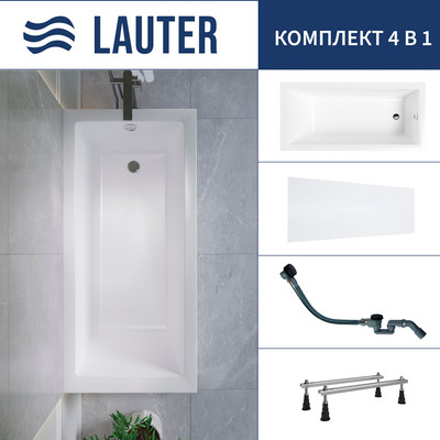 Ванна акриловая Lauter Athena 170x80 / 21090080 (с ножками, лицевым экраном и сифоном 21Y32001 матовый черный) -