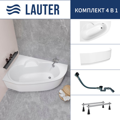 Ванна акриловая Lauter Valencia 150x100 / 2102150L (с ножками, лицевым экраном и сифоном 21Y32001 матовый черный) -