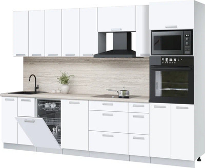 Кухонный гарнитур Интерлиния Мила Лайт 3.05-ПМ3 (белый платинум/белый платинум/травертин серый) - 