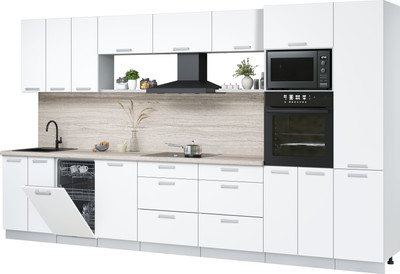 Кухонный гарнитур Интерлиния Мила Лайт 3.7-ПМ3 (белый платинум/белый платинум/травертин серый) - 