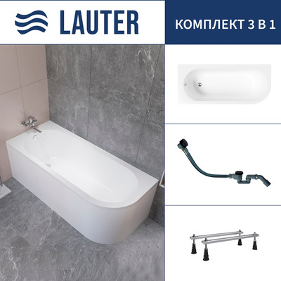 Ванна акриловая Lauter Monaco 170x72.5 / 2113170L (с ножками и сифоном 21Y32001 матовый черный) -