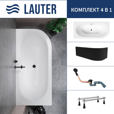 Ванна акриловая Lauter Bliss 150 L / 21201051L (с ножками, лицевым экраном черного цвета и сифоном 21Y11021 матовый черный) - 