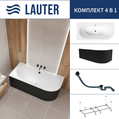 Ванна акриловая Lauter Bliss 150 L / 21201051L (с каркасом, лицевым экраном черного цвета и сифоном 21Y32001 матовый черный) - 