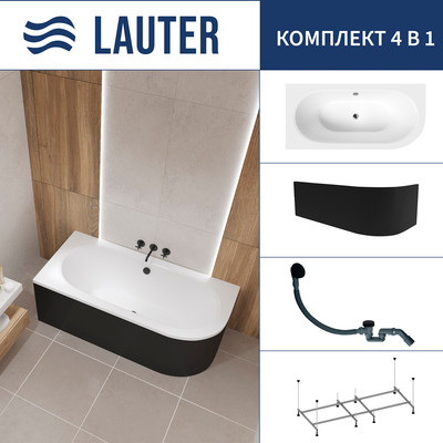 Ванна акриловая Lauter Bliss 150 L / 21201051L (с каркасом, лицевым экраном черного цвета и сифоном 21Y31001 матовый черный) - 