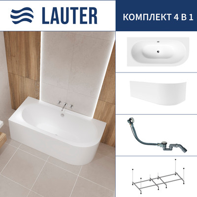 Ванна акриловая Lauter Bliss 170 L / 21201071L (с каркасом, лицевым экраном белого цвета и сифоном 21Y32000 хром) -