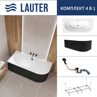 Ванна акриловая Lauter Bliss 170 L / 21201071L (с каркасом, лицевым экраном черного цвета и сифоном 21Y11021 матовый черный) -