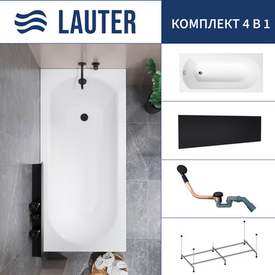 Ванна акриловая Lauter Haven 170 / 21202007 (с каркасом, лицевым экраном черного цвета и сифоном 21Y11021 матовый черный) -