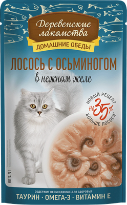 Влажный корм для кошек Деревенские лакомства Лосось с осьминогом в нежном желе (70г) - 