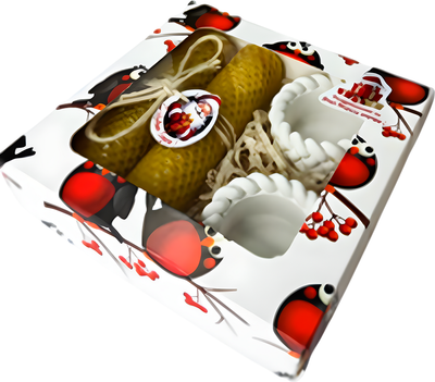 Подарочный набор Ozarich Снегири Новогодний с 2-мя свечами и подсвечниками (желтый) - 