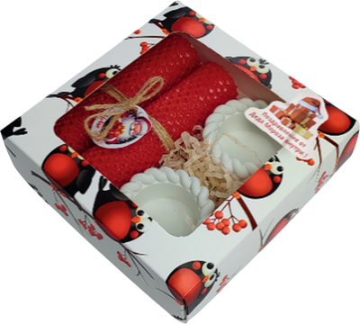 Подарочный набор Ozarich Снегири Новогодний с 2-мя свечами и подсвечниками (красный) - 