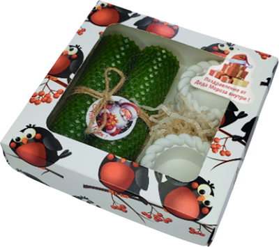 Подарочный набор Ozarich Снегири Новогодний с 2-мя свечами и подсвечниками (зеленый) - 