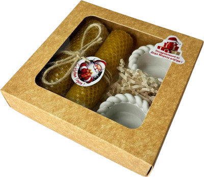 Подарочный набор Ozarich Крафт Новогодний с 2-мя свечами и подсвечниками (желтый) - 