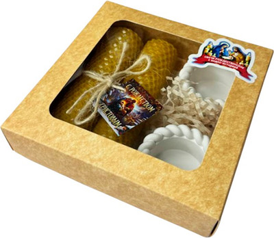 Подарочный набор Ozarich Крафт Рождественский с 2-мя свечами и подсвечниками (желтый) - 