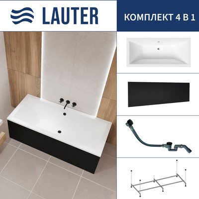 Ванна акриловая Lauter Oasis 170 / 21203070 (с каркасом, лицевым экраном черного цвета и сифоном 21Y32001 матовый черный) -