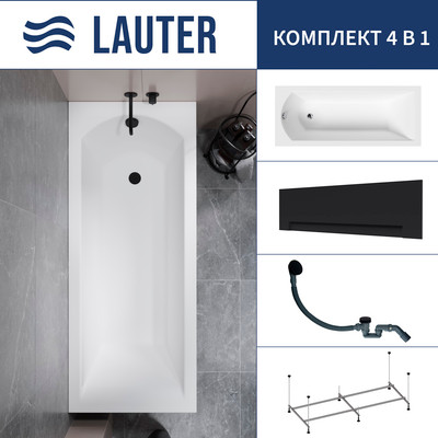 Ванна акриловая Lauter Amelia 150 / 21204050 (с каркасом, лицевым экраном черного цвета и сифоном 21Y31001 матовый черный) -