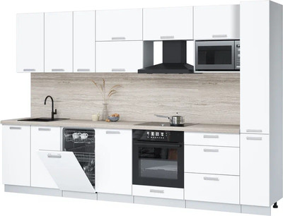 Кухонный гарнитур Интерлиния Мила Лайт 3.2-ПМ4  (белый платинум/белый платинум/травертин серый) - 