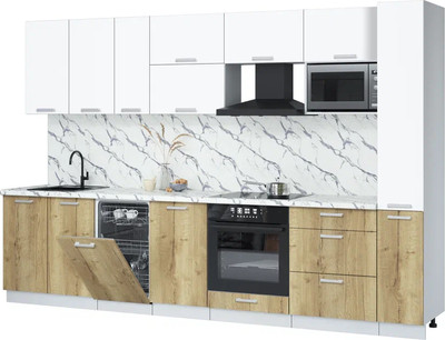 Кухонный гарнитур Интерлиния Мила Лайт 3.2-ПМ4  (белый платинум/дуб золотой/белый гранит) - 