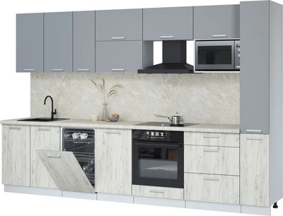 Кухонный гарнитур Интерлиния Мила Лайт 3.2-ПМ4  (серебро/дуб белый/опал светлый) - 