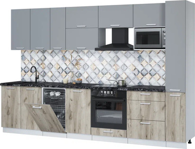 Кухонный гарнитур Интерлиния Мила Лайт 3.2-ПМ4  (серебро/дуб серый/кастилло темный) - 