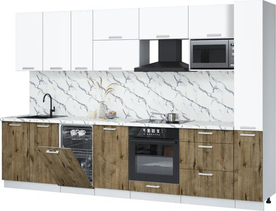 Кухонный гарнитур Интерлиния Мила Лайт 3.2-ПМ4  (белый платинум/дуб веллингтон/белый гранит) - 