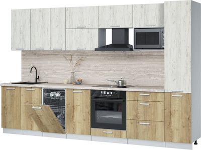 Кухонный гарнитур Интерлиния Мила Лайт 3.3-ПМ4  (дуб белый/дуб золотой/травертин серый) - 