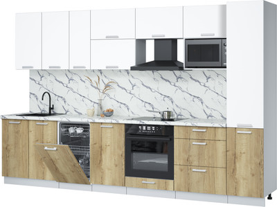 Кухонный гарнитур Интерлиния Мила Лайт 3.3-ПМ4  (белый платинум/дуб золотой/белый гранит) - 