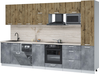 Кухонный гарнитур Интерлиния Мила Лайт 3.3-ПМ4 ( дуб веллингтон/бетон портленд/травертин серый) - 