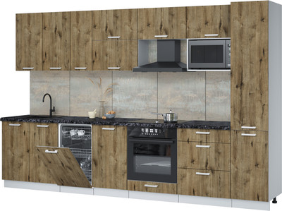 Кухонный гарнитур Интерлиния Мила Лайт 3.3-ПМ4 (дуб веллингтон/дуб веллингтон/кастилло темный) - 