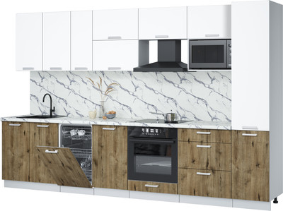 Кухонный гарнитур Интерлиния Мила Лайт 3.3-ПМ4  (белый платинум/дуб веллингтон/белый гранит) - 