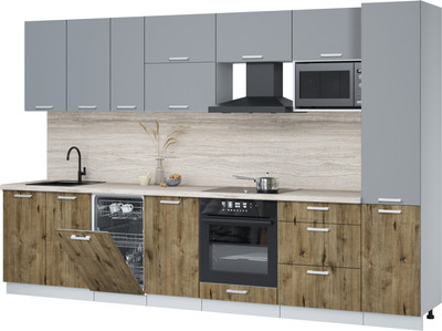 Кухонный гарнитур Интерлиния Мила Лайт 3.3-ПМ4  (серебро/дуб веллингтон/травертин серый) - 