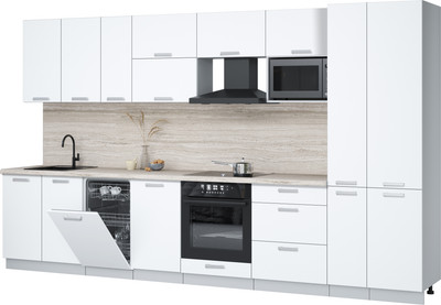 Кухонный гарнитур Интерлиния Мила Лайт 3.6-ПМ4  (белый платинум/белый платинум/травертин серый) - 