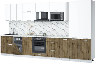 Кухонный гарнитур Интерлиния Мила Лайт 3.8-ПМ4  (белый платинум/дуб веллингтон/белый гранит) - 