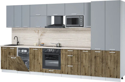 Кухонный гарнитур Интерлиния Мила Лайт 3.8-ПМ4 (серебро/дуб веллингтон/травертин серый) - 