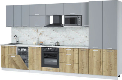 Кухонный гарнитур Интерлиния Мила Лайт 3.8-ПМ4  (серебро/дуб золотой/серый каспий) - 