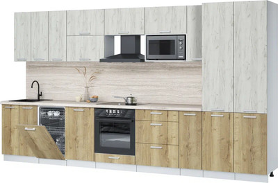 Кухонный гарнитур Интерлиния Мила Лайт 3.8-ПМ4  (дуб белый/дуб золотой/травертин серый) - 