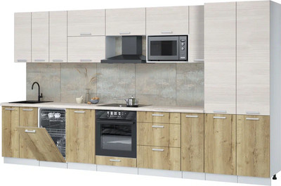 Кухонный гарнитур Интерлиния Мила Лайт 3.8-ПМ4  (вудлайн кремовый/дуб золотой/травертин серый) - 