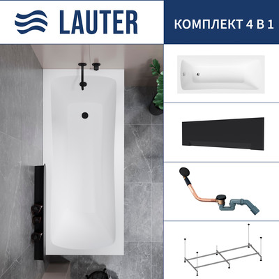 Ванна акриловая Lauter Bianca 170 / 21207170 (с каркасом, лицевым экраном черного цвета и сифоном 21Y11021 матовый черный) - 