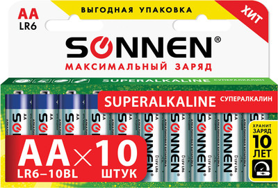 Комплект батареек Sonnen Super Alkaline АА LR6/15А / 454231 (10шт) - 