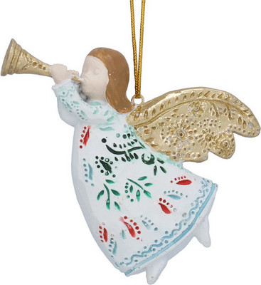 

Елочная игрушка, Alpine Christmas Летящий ангел с трубой и крыльями /10640