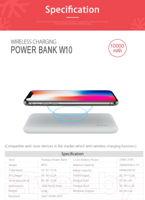 Портативное зарядное устройство Yoobao Power Bank W10 (белый)