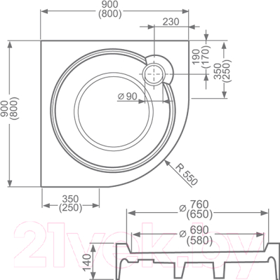 Душевой поддон Roltechnik Tahiti-P 90 / 8000040