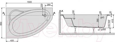 Ванна акриловая Sanplast WAL/EKOPlus 85x150+ST18 biew - схема