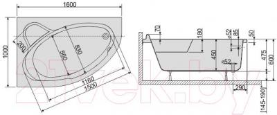 Ванна акриловая Sanplast WAL/CO 100x160+ST5 bi - схема