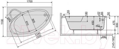Ванна акриловая Sanplast WAL/CO 110x170+ST6 bi - схема