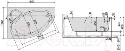 Ванна акриловая Sanplast WAL/CO 120x180+ST6 bi - схема