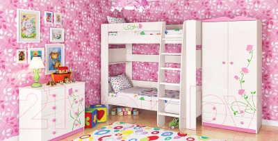 Кровать-чердак Мебель-Неман Тедди Розалия КРД120-1Д1 (зеленый/кремовый/розовый)