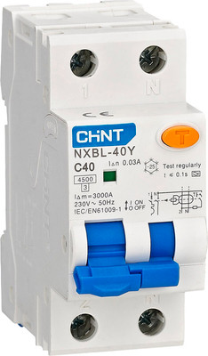 Дифференциальный автомат Chint NXBL-40Y 1P+N C10 30мА тип A 4.5кА / 519860
