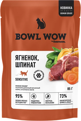 Влажный корм для кошек Bowl Wow Sensitive Желе с ягненком и шпинатом