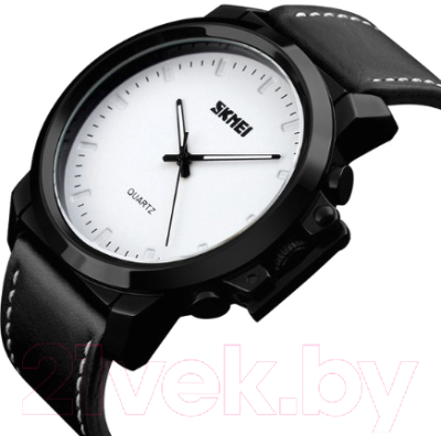 Часы наручные мужские Skmei 1208-2 (белый/черный кожаный ремешок)