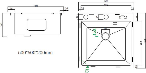 Мойка кухонная Arfeka ECO AR 50x50 POP-UP+CL G+DS
